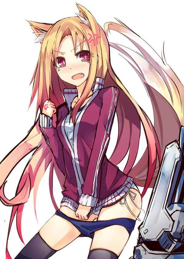 1girl anger_vein animal_ears black_legwear blonde_hair blush buruma buruma_pull clenched_hand cowboy_shot fang fox_ears fox_tail gradient_hair ichiyan jacket jacket_tug long_hair long_sleeves looking_at_viewer multicolored_hair nose_blush open_mouth original panties red_eyes solo tail thigh-highs track_jacket tsurime underwear white_panties