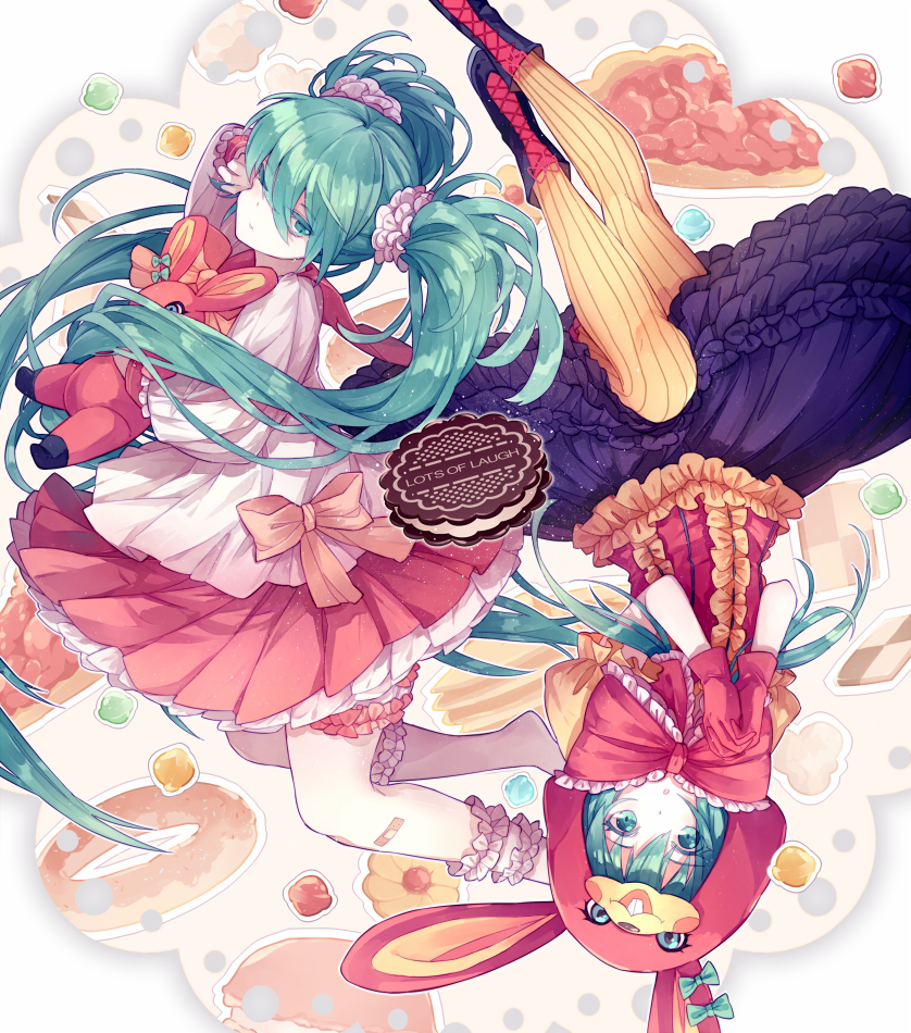 2girls :o animal_ears animal_hood aqua_bow aqua_eyes aqua_hair bandaid bangs boots bow bunny_hood candy chocolate closed_mouth cookie cross-laced_footwear doughnut dual_persona ear_bow eyebrows eyebrows_visible_through_hair fake_animal_ears food frilled_sleeves frills gloves hair_between_eyes hair_ornament hair_scrunchie hamburger hatsune_miku holding_stuffed_animal hood in_food interlocked_fingers kneehighs lace-up_boots light_particles long_hair long_sleeves looking_at_viewer lots_of_laugh_(vocaloid) lyodi multiple_girls no_shoes one_eye_closed outline own_hands_together pancake pantyhose pink_bow pink_gloves pink_skirt pleated_skirt puffy_short_sleeves puffy_sleeves purple_skirt rabbit_ears revision ribbed_legwear rubbing_eyes school_uniform scrunchie serafuku short_sleeves skirt song_name striped striped_legwear stuffed_animal stuffed_bunny stuffed_toy sweets twintails upside-down vertical-striped_legwear vertical_stripes very_long_hair vocaloid white_legwear yellow_legwear