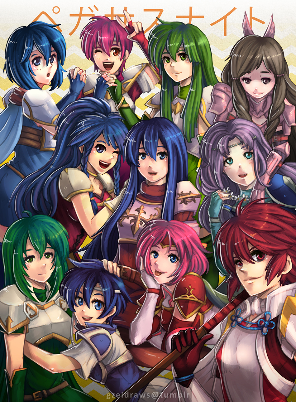 6+girls :d :p ;d ;o ahoge aiguillette armor armored_dress artist_name bangs belt belt_buckle blue_dress blue_eyes blue_gloves blue_hair blush bracelet braid breastplate breasts brown_eyes brown_hair buckle cape choker cleavage closed_mouth collarbone commentary dress elbow_gloves est eyebrows eyebrows_visible_through_hair feathers fingerless_gloves fire_emblem fire_emblem:_akatsuki_no_megami fire_emblem:_ankoku_ryuu_to_hikari_no_tsurugi fire_emblem:_fuuin_no_tsurugi fire_emblem:_kakusei fire_emblem:_mystery_of_the_emblem fire_emblem:_rekka_no_ken fire_emblem:_seima_no_kouseki fire_emblem:_seisen_no_keifu fire_emblem:_shin_ankoku_ryuu_to_hikari_no_tsurugi fire_emblem:_shin_monshou_no_nazo fire_emblem:_souen_no_kiseki fire_emblem_if florina flower front_braid fury_(fire_emblem) gloves green_eyes green_gloves green_hair gzei hair_between_eyes hair_feathers hand_on_another's_head hand_on_own_cheek hands_clasped hands_together headband highres hinoka_(fire_emblem_if) holding_hands huf interlocked_fingers jewelry katua leaning_on_person long_hair looking_at_viewer marcia multiple_girls one_eye_closed open_mouth paola partly_fingerless_gloves pegasus_knight pink_hair polearm ponytail purple_hair red_eyes redhead round_teeth sheeda short_hair shoulder_pads siblings sidelocks sisters skirt sleeves_rolled_up smile smirk spaulders sumia tana teeth thany tongue tongue_out translated twin_braids upper_body v watermark weapon white_gloves