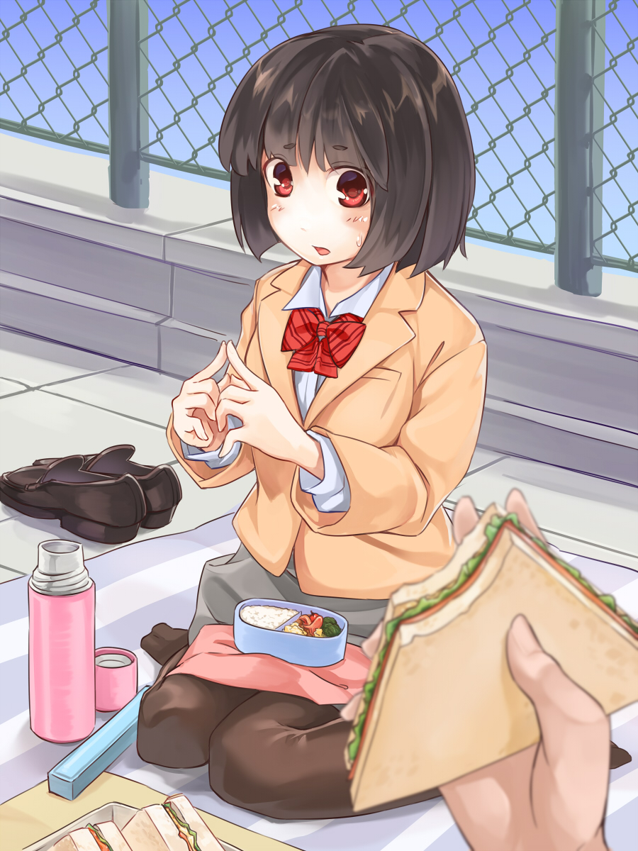 1girl asu_tora black_hair black_legwear blanket blazer bow fingers_together food highres jacket loafers long_sleeves looking_at_viewer obentou original pantyhose pov pov_hands red_eyes rooftop sandwich school_uniform shoes shoes_removed short_hair sitting skirt solo solo_focus thermos wariza