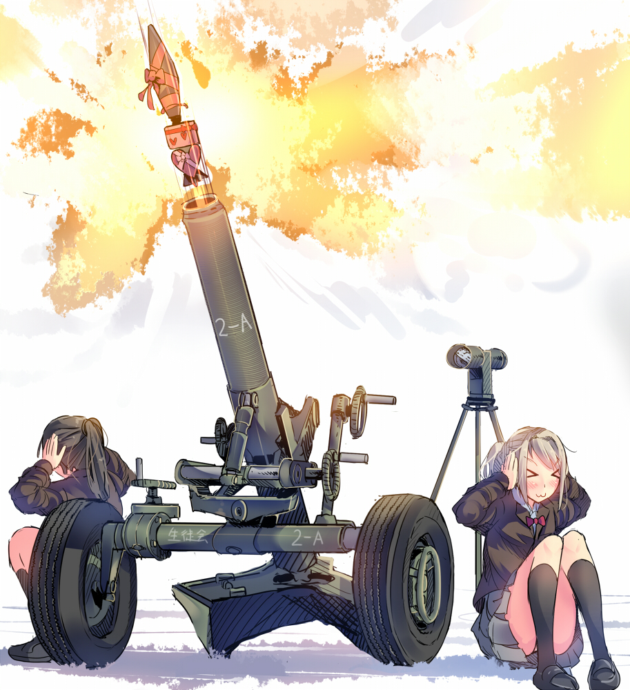 &gt;_&lt; 2girls :3 artillery black_legwear closed_eyes convenient_censoring covering_ears daito explosion fire firing full_body gift kneehighs knees_up loafers machinery missile mortar_(weapon) multiple_girls original ribbon school_uniform shoes simple_background spotting_scope squatting thighs valentine weapon wheel white_background wince x3