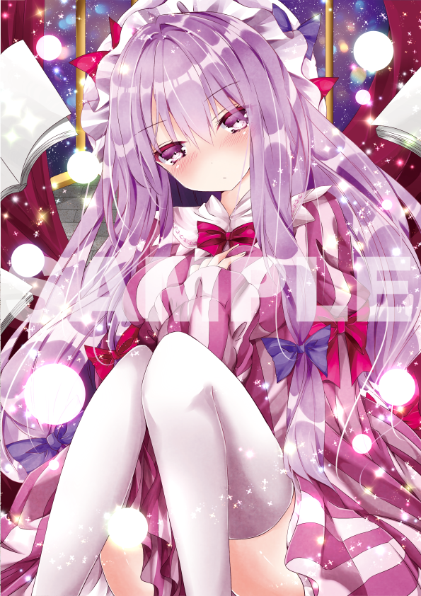 1girl blush book bow bowtie breasts dress expressionless floating_object hair_bow hand_on_own_chest indoors knees_together knees_up large_breasts long_hair long_sleeves looking_at_viewer nanase_nao open_book patchouli_knowledge pink_bow pink_bowtie pink_dress purple_bow purple_hair sample silver_legwear sitting solo sparkle striped striped_dress text thigh-highs thighs touhou tsurime vertical-striped_dress vertical_stripes very_long_hair violet_eyes zettai_ryouiki