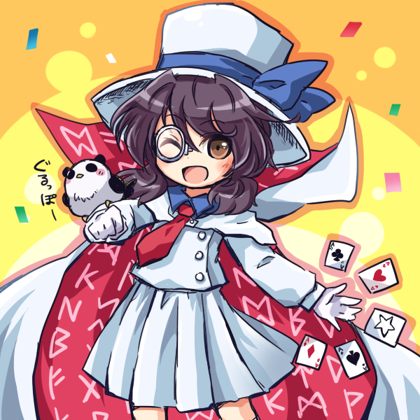 1girl alternate_color alternate_hair_color bird bow brown_eyes cape card clothes_writing glasses gloves hat hat_bow kaitou_kid kaitou_kid_(cosplay) long_sleeves low_twintails meitantei_conan necktie one_eye_closed open_mouth pote_(ptkan) red_necktie shirt short_hair skirt solo star touhou twintails usami_sumireko white_skirt