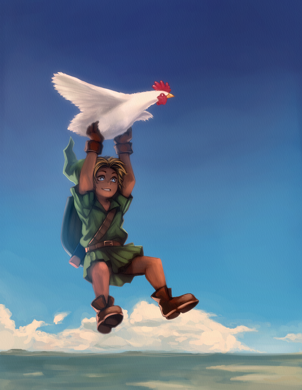 1boy amano-g bird blonde_hair blue_eyes blue_sky brown_gloves chicken cucco flying gloves hat highres link scabbard sheath shield sky solo the_legend_of_zelda the_legend_of_zelda:_ocarina_of_time tunic young_link