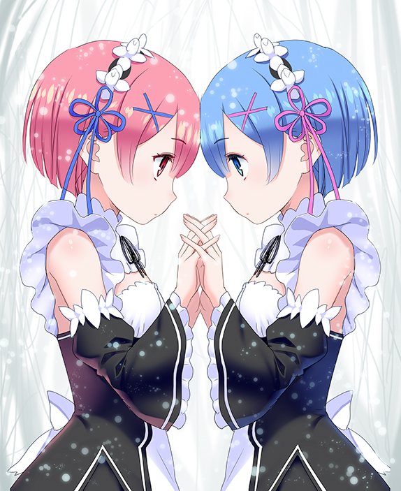 2girls 5pb. blue_eyes blue_hair commentary_request detached_sleeves eye_contact eyebrows eyebrows_visible_through_hair from_side hair_ribbon holding_hands interlocked_fingers looking_at_another mages_(company) maid maid_headdress media_factory multiple_girls pink_eyes pink_hair profile ram_(re:zero) re:zero_kara_hajimeru_isekai_seikatsu rem_(re:zero) ribbon short_hair siblings sisters square_enix twins white_fox_(company) x_hair_ornament yasuyuki