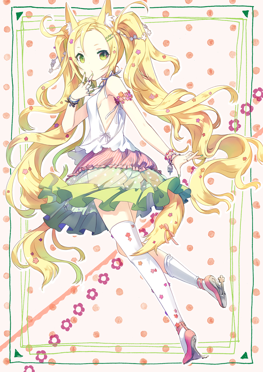 1girl :o animal_ears armlet asymmetrical_legwear blonde_hair border bracelet breasts cage floral_print fox_ears fox_tail frills from_behind green_eyes green_nails h2so4 hair_ornament hairclip hand_to_own_mouth highres jewelry kneehighs long_hair looking_at_viewer looking_back nail_polish original panties pink_shoes polka_dot polka_dot_background see-through shoes sideboob single_kneehigh single_thighhigh skirt sleeveless solo standing standing_on_one_leg striped tail thigh-highs underwear very_long_hair white_legwear white_panties
