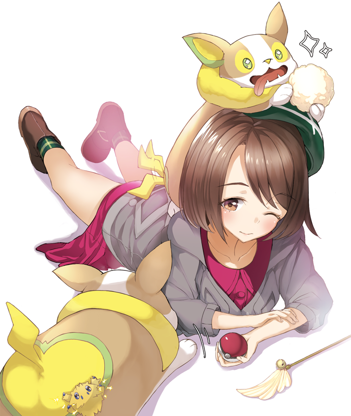 1girl afterimage blush boots brown_eyes brown_footwear brown_hair closed_mouth collared_dress commentary_request dress full_body gen_5_pokemon gen_8_pokemon green_headwear green_legwear grey_cardigan holding holding_poke_ball hood hood_down hooded_cardigan joltik lying on_stomach one_eye_closed pink_dress poke_ball poke_ball_(generic) pokemon pokemon_(creature) pokemon_(game) pokemon_swsh sakasa_(guranyto) shadow socks sparkle tail_wagging tam_o'_shanter white_background yamper yuuri_(pokemon)
