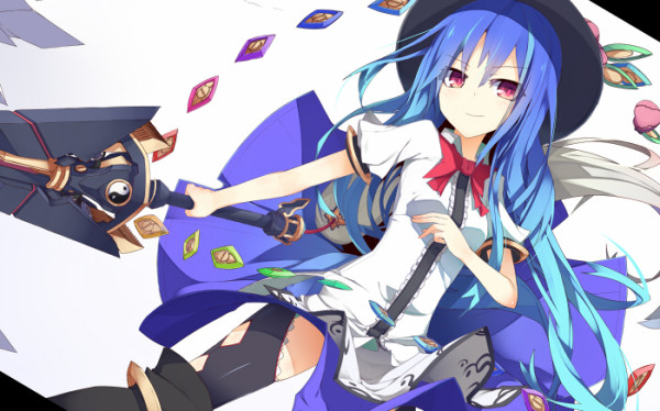 &gt;:) 1girl black_hat black_legwear blue_dress blue_hair bow bowtie dress dress_shirt food fruit gradient_hair hat hinanawi_tenshi ichiyan lance leaf long_hair looking_at_viewer multicolored_hair peach polearm puffy_short_sleeves puffy_sleeves rainbow_gradient rainbow_order red_bow red_bowtie red_eyes shirt short_sleeves smile solo thigh-highs touhou tsurime weapon white_blouse white_shirt wing_collar yin_yang