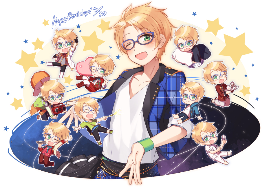 6+boys :3 ;) ;3 armband blonde_hair blue-framed_glasses blush boombox chinese_clothes cup ensemble_stars! glasses green_eyes happy_birthday heart index_finger_raised juugonichi_(wheeliex2) looking_at_viewer multiple_boys multiple_persona one_eye_closed open_mouth outstretched_arm plate sash smile space star teacup teapot yuuki_makoto
