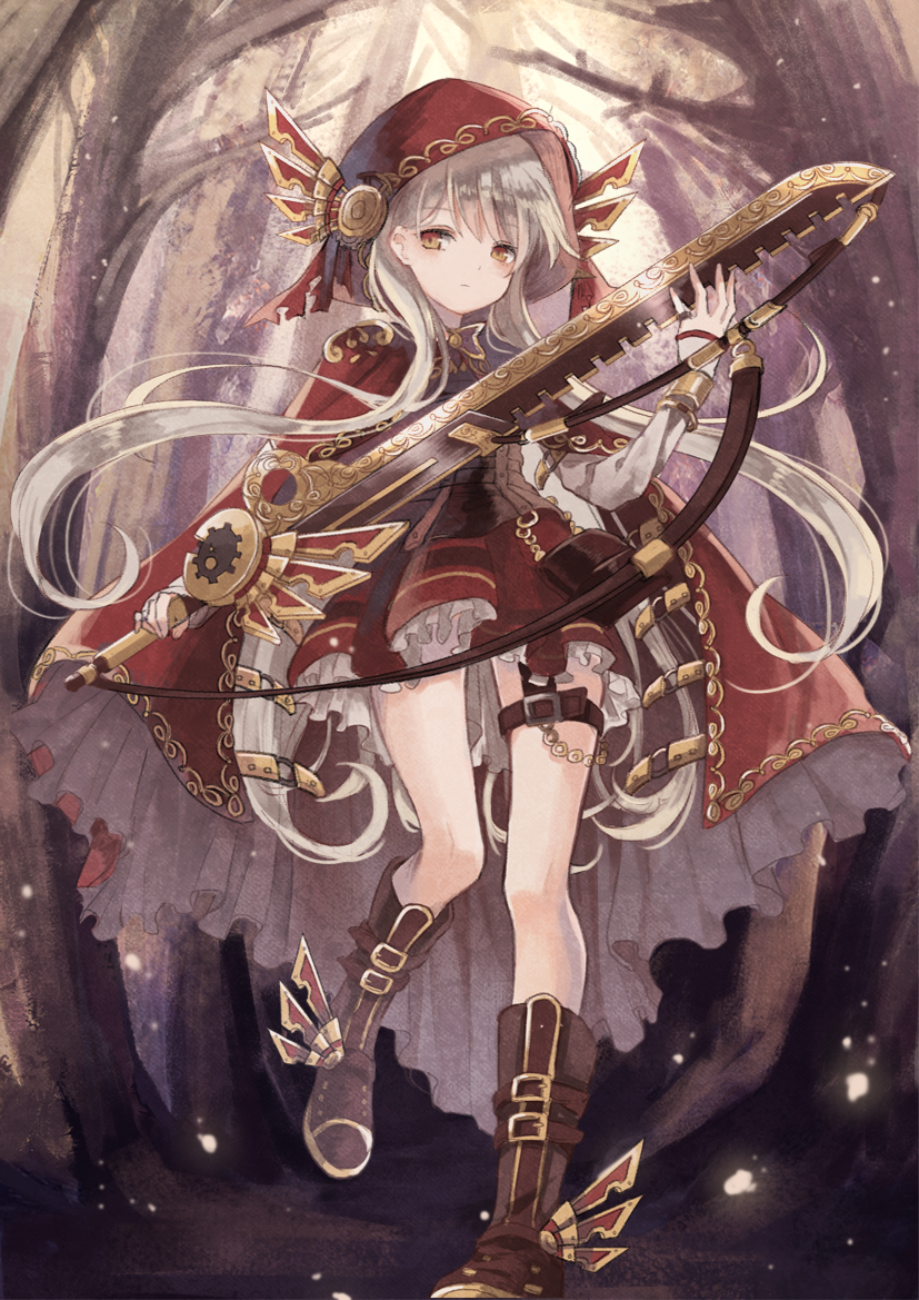 1girl bare_tree boots brown_boots brown_eyes cape frills hood light_brown_hair little_red_riding_hood little_red_riding_hood_(grimm) long_hair outdoors red_cape red_hood red_skirt skirt standing standing_on_one_leg steampunk sword thigh_strap tree very_long_hair weapon