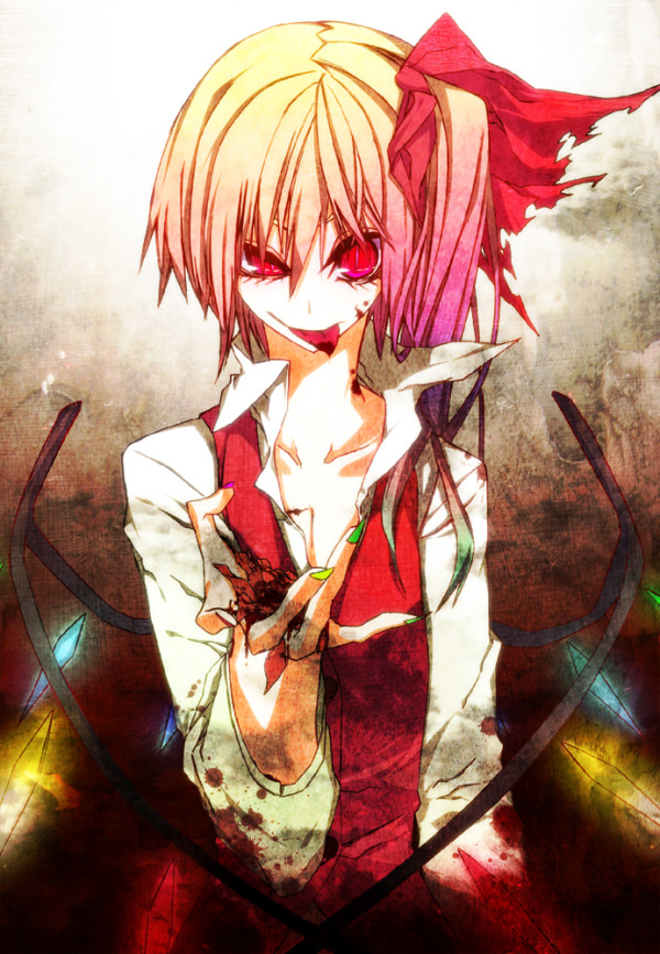 1boy adapted_costume blonde_hair blood bloody_clothes collarbone crazy_eyes crazy_smile crystal flandre_scarlet genderswap genderswap_(ftm) gradient_hair hair_ribbon ichiyan long_sleeves looking_at_viewer multicolored_hair multicolored_nail_polish nail_polish red_eyes red_ribbon red_vest redhead ribbon shirt side_ponytail slit_pupils solo tongue tongue_out touhou upper_body white_shirt wings