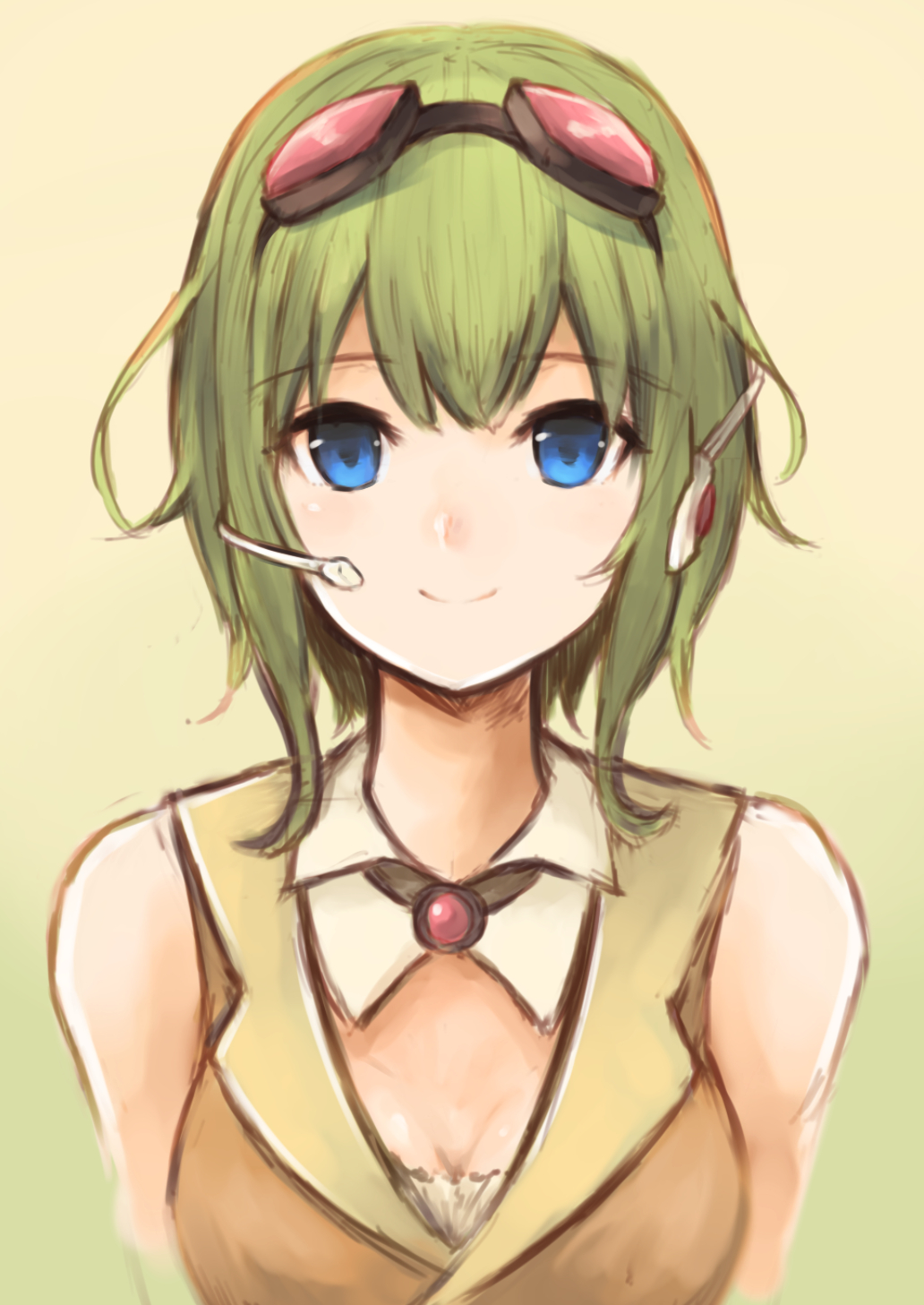 1girl bare_shoulders blue_eyes brooch closed_mouth detached_collar gem green_background green_hair gumi headphones headset highres jewelry koretsuki_aduma looking_at_viewer orange_vest portrait short_hair simple_background sleeveless smile solo throat_microphone vest vocaloid wing_collar