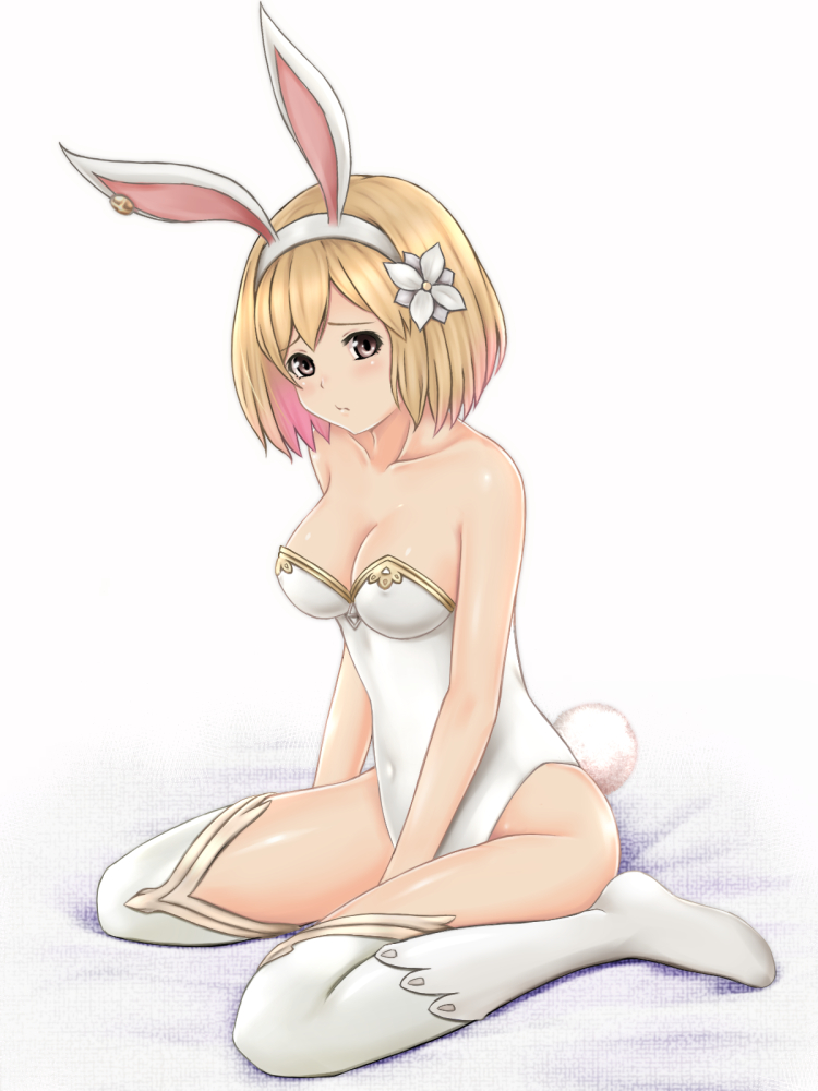 1girl :/ animal_ears bare_shoulders between_legs blonde_hair blush breasts breasts_outside brown_eyes bunny_tail bunnysuit closed_mouth collarbone covered_navel djeeta_(granblue_fantasy) earrings fake_animal_ears flower full_body gradient_hair granblue_fantasy hair_flower hair_ornament hairband hand_between_legs head_tilt jewelry large_breasts leotard looking_at_viewer multicolored_hair nonaka_chikin pink_hair rabbit_ears sage_(granblue_fantasy) shiny shiny_skin short_hair sitting skin_tight solo tail tareme thigh-highs wariza white_flower white_legwear