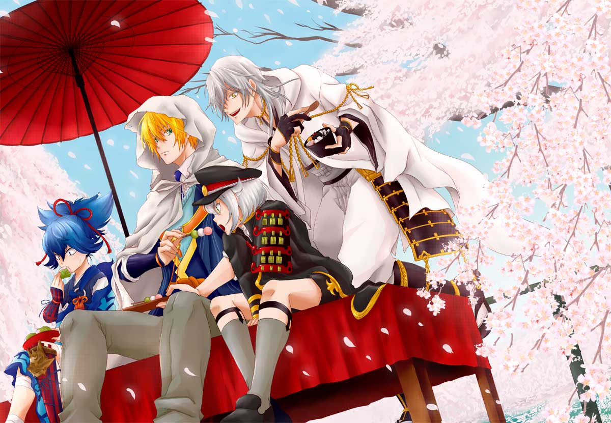 4boys anmitsu_(dessert) armor blonde_hair blue_eyes blue_hair bowl cape cherry_blossoms dango dutch_angle eating food garters green_eyes hat hood hotarumaru japanese_armor japanese_clothes male_focus multiple_boys open_mouth oriental_umbrella petals sakura_mochi sanshoku_dango sayo_samonji shorts shou_fuji smile sock_garters sode spoon touken_ranbu tsurumaru_kuninaga umbrella wagashi white_hair yamanbagiri_kunihiro yellow_eyes