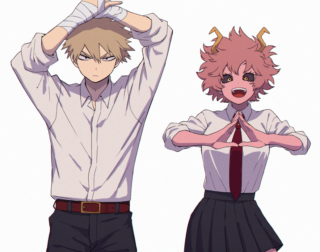 1boy 1girl :d akiyama_(noconoco) arms_up ashido_mina bakugou_katsuki bandaged_arm bandages belt belt_buckle black_pants black_sclera black_skirt blonde_hair boku_no_hero_academia buckle closed_mouth collared_shirt colored_sclera colored_skin commentary_request dress_shirt frown hair_between_eyes hands_up horns long_sleeves looking_at_viewer necktie open_mouth pants pink_hair pink_skin pleated_skirt red_belt red_eyes red_necktie school_uniform serious shirt short_hair simple_background skirt sleeves_rolled_up smile spiky_hair teeth upper_teeth_only v-shaped_eyebrows white_background white_shirt wing_collar yellow_eyes