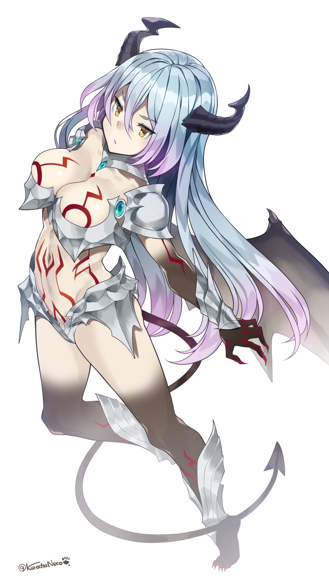 1girl amira_(granblue_fantasy) armor bangs bare_legs bikini_armor blue_hair blue_lipstick breasts claws cleavage collarbone demon_horns demon_tail demon_wings expressionless eyebrows eyebrows_visible_through_hair eyeshadow gorget gradient_hair granblue_fantasy greaves hair_between_eyes highres horns kuro_chairo_no_neko lipstick long_hair looking_to_the_side makeup multicolored_hair navel pauldrons purple_hair sidelocks solo standing_on_one_leg stomach tail tattoo tattooed_breast tiptoes twitter_username two-tone_hair vambraces very_long_hair white_background wings yellow_eyes