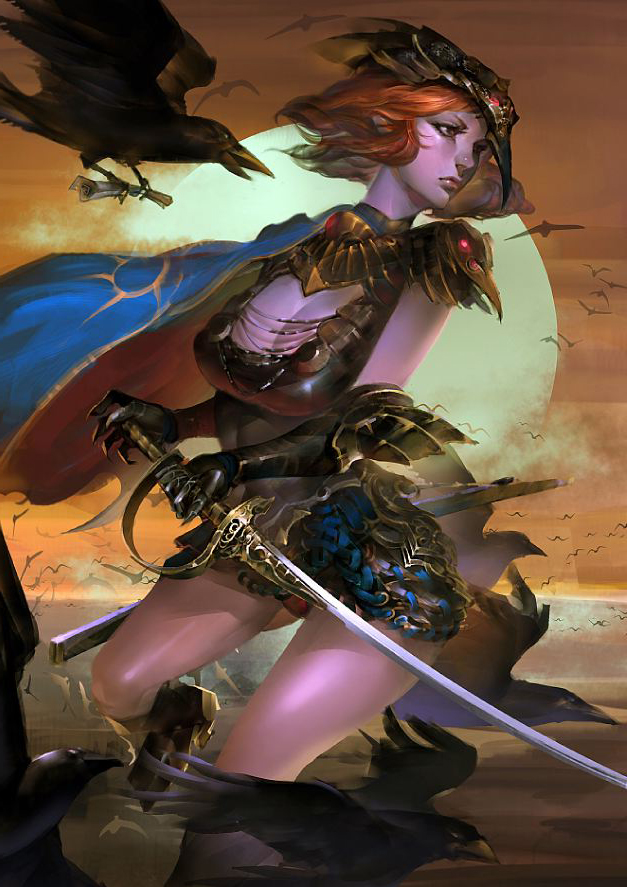 1girl bird breasts cape cleavage cleavage_cutout clouds crow dee flying gauntlets gorget lips parchment redhead serious short_hair sky spaulders sun sunset sword weapon
