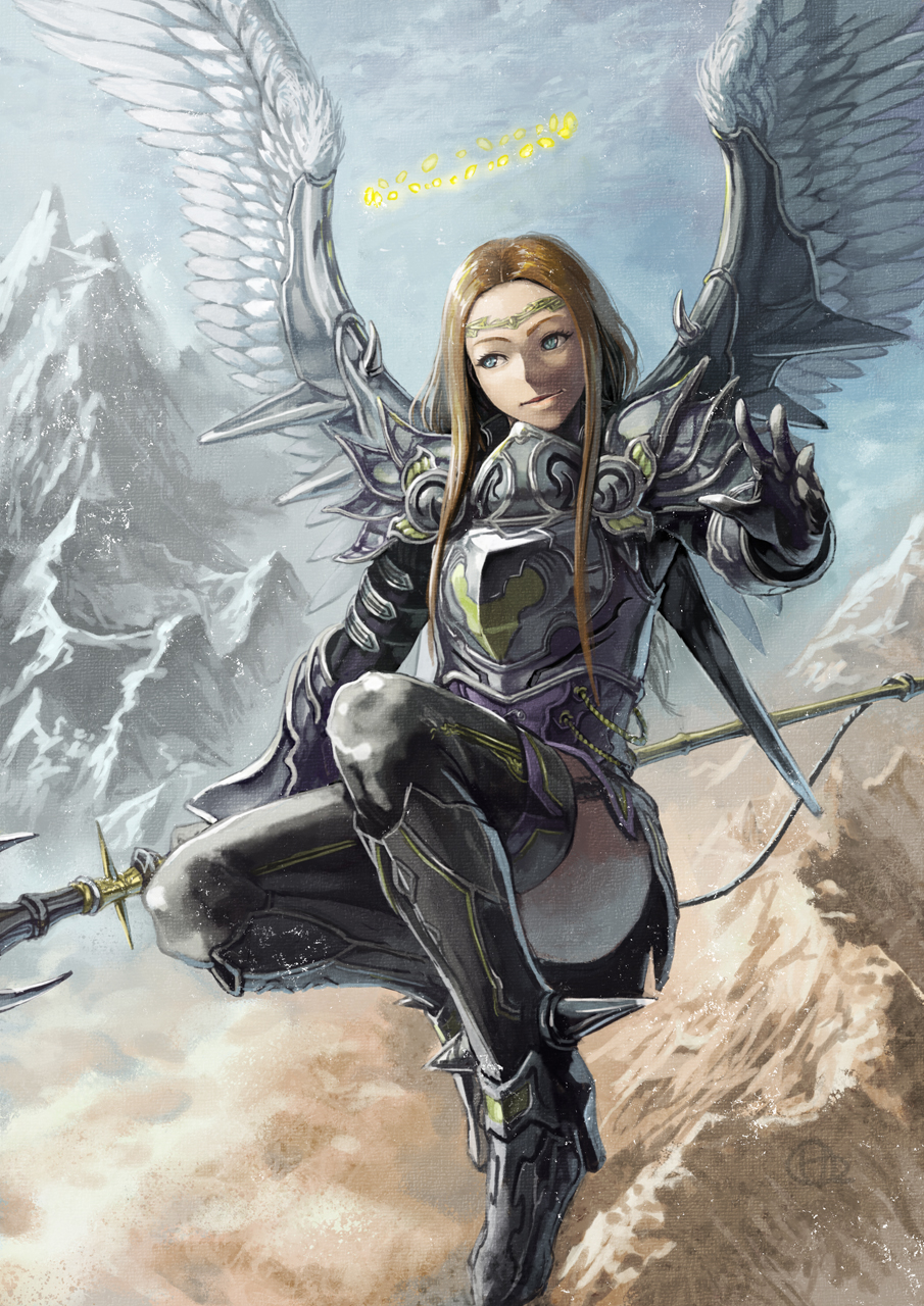 1girl angel blonde_hair blue_eyes boots circlet clouds gorget halo higashiyama_hayato highres long_hair looking_to_the_side outstretched_arm pauldrons polearm sky snow solo spear thigh-highs weapon wing_armor wings