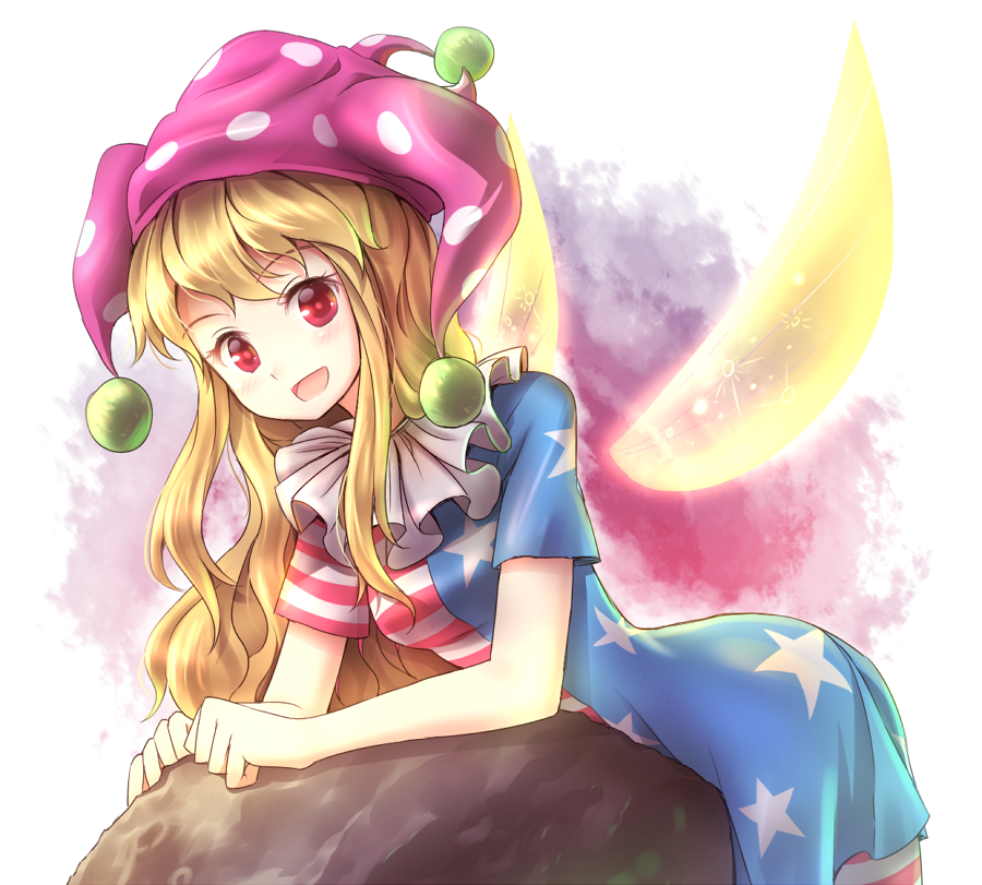 1girl :d american_flag_dress american_flag_legwear bangs bent_over blonde_hair blush clownpiece collar dress eyebrows fairy_wings frilled_collar frills hat jester_cap long_hair looking_at_viewer minust open_mouth polka_dot red_eyes short_dress short_hair short_sleeves simple_background smile solo star striped touhou wings