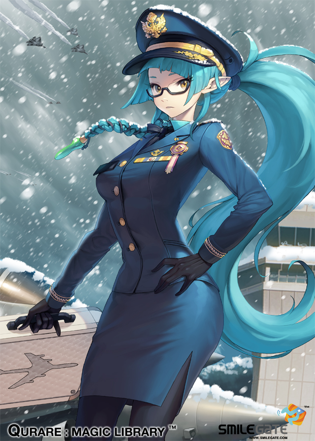 1girl airplane blue_hair braid breasts female fighter_jet glasses hand_on_hip jet looking_at_viewer military military_uniform ningu pantyhose pointy_ears ponytail qurare_magic_library snow solo uniform yellow_eyes