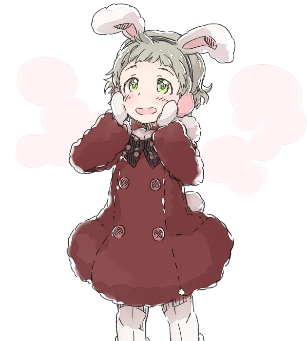 1boy alternate_costume animal_ears blush bow bunny_tail earmuffs egawa_satsuki gloves green_eyes hands_on_own_cheeks hands_on_own_face himeno_kanon idolmaster idolmaster_side-m looking_up male_focus mittens polka_dot rabbit_ears smile solo tail white_gloves winter_clothes