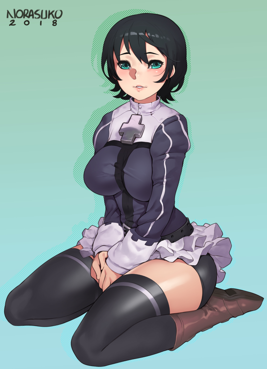 1girl artist_name bike_shorts black_hair boots breasts dated frilled_skirt frills gradient gradient_background green_eyes hair_between_eyes highres kneeling large_breasts looking_at_viewer norasuko parted_lips short_hair skirt solo the_seven_deadly_sins thigh-highs totsuka_maria