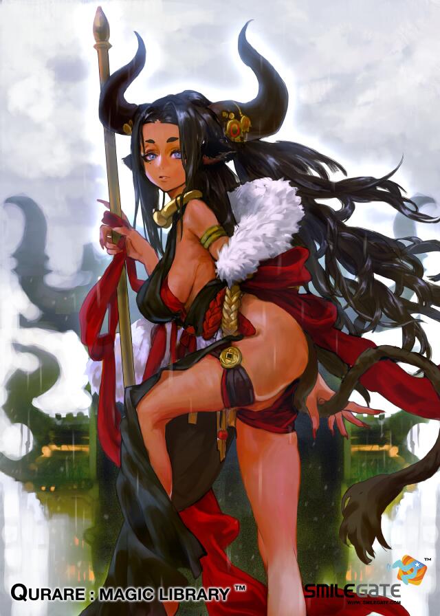 1girl animal_ears architecture armband ass black_hair blue_eyes breasts collar cow_ears cow_horns cow_tail dark_skin east_asian_architecture fur_trim horn_ornament horns large_breasts long_hair no_panties qurare_magic_library sagging_breasts sky solo staff tail very_long_hair woodenmanatees