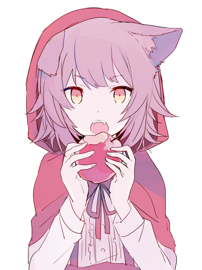 1girl animal_ears apple cape eating fangs food fruit holding holding_fruit hood hooded_jacket jacket looking_at_viewer mizuki_(koko_lost) open_mouth original pink_hair red_hood short_hair simple_background solo teeth upper_body white_background wolf_ears yellow_eyes