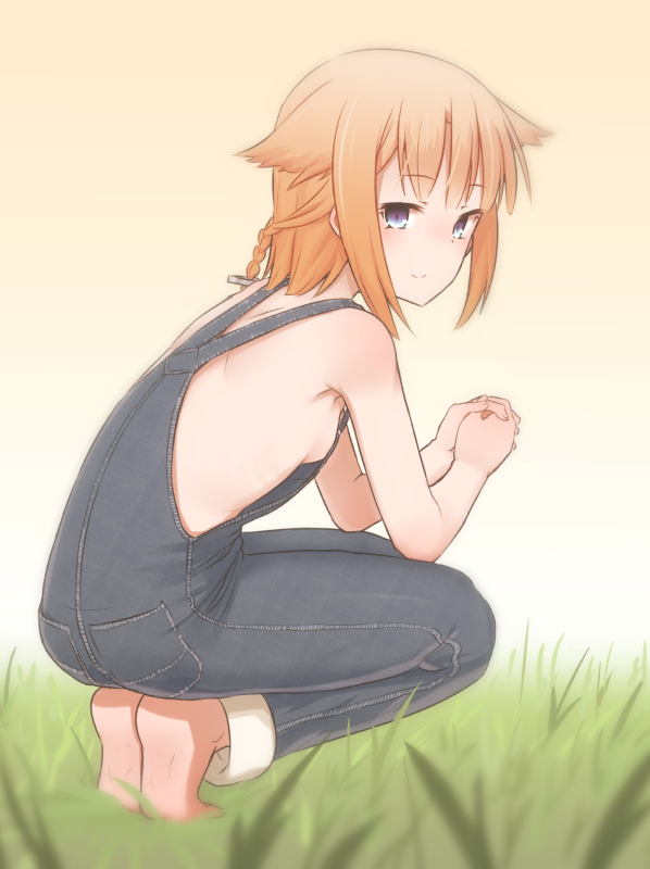 1girl bare_shoulders barefoot blonde_hair blue_eyes braid breasts cevio denim grass hair_flaps hair_ornament hands_clasped kuroshiro_gurei looking_at_viewer looking_back naked_overalls no_bra one_(cevio) overalls pocket short_hair sideboob sidelocks sitting smile solo