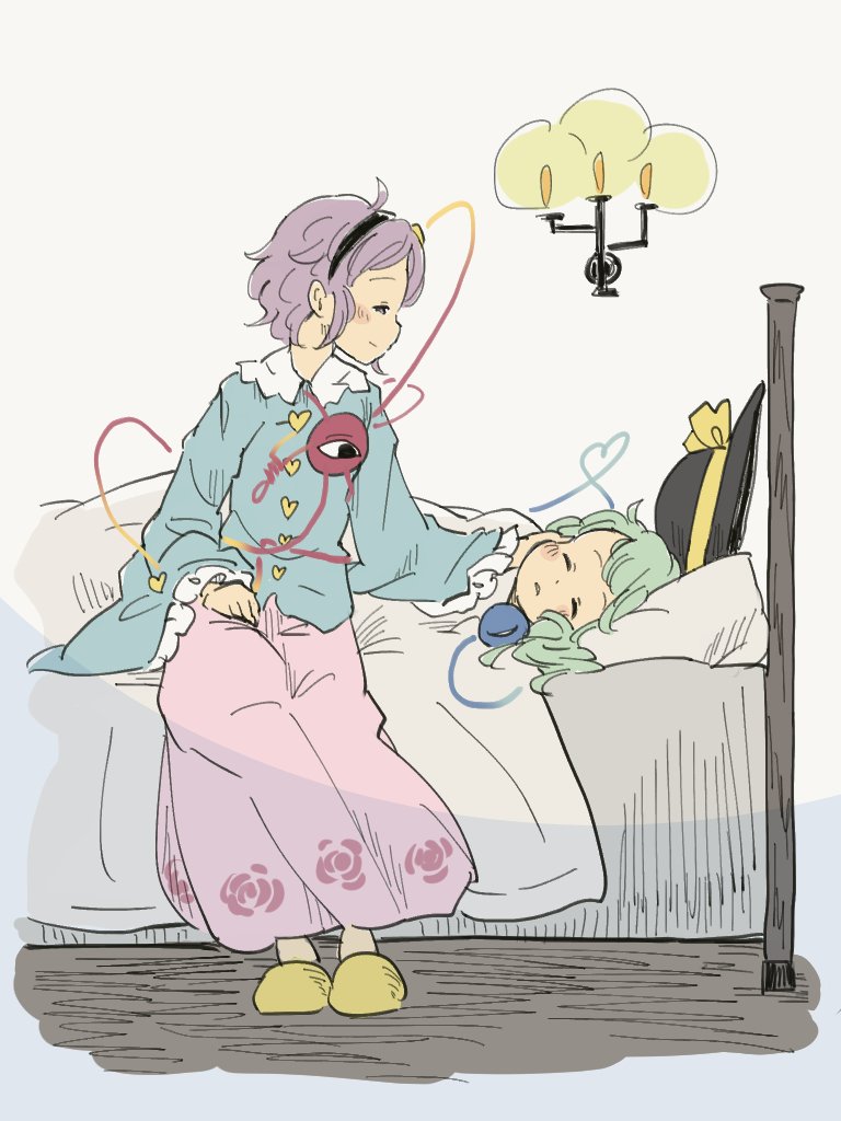 2girls bed black_hat blanket blue_shirt blush_stickers candle candlelight chii-kun_(seedyoulater) closed_eyes green_hair hairband hand_on_another's_face hat hat_ribbon heart-shaped_buttons komeiji_koishi komeiji_satori long_skirt multiple_girls on_bed pillow pink_skirt purple_hair ribbon shirt siblings silver_background sisters sitting sitting_on_bed skirt sleeping slippers third_eye touhou violet_eyes wide_sleeves