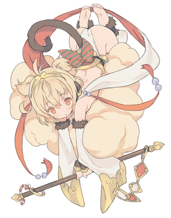 1girl :o anchira_(granblue_fantasy) antenna_hair arched_back ass bare_shoulders barefoot beads blade_(galaxist) blush bow clouds detached_pants detached_sleeves eyebrows eyebrows_visible_through_hair flying_nimbus full_body fur_trim granblue_fantasy head_tilt holding_staff long_sleeves looking_at_viewer lying monkey_ears monkey_tail on_stomach orange_eyes parted_lips sash shawl short_hair simple_background soles solo staff striped striped_bow tareme tassel toes two_side_up white_background