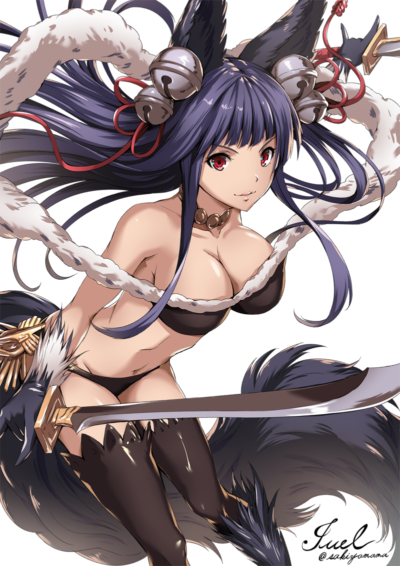 1girl animal_ears bell blue_hair character_name dual_wielding granblue_fantasy light_smile long_hair red_eyes sakiyamama simple_background solo sword tail thigh-highs twitter_username weapon white_background yuel_(granblue_fantasy)