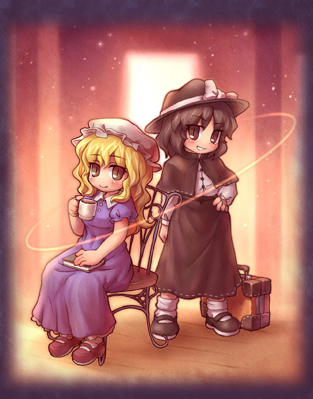 black_hair blonde_hair book chair cup hat maribel_han maribel_hearn mary_janes multiple_girls sankuma shoes short_hair sitting tea touhou usami_renko