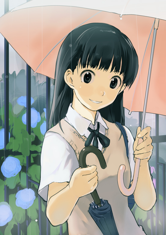 1girl amagami ayatsuji_tsukasa black_eyes black_hair face rain smile solo sweater_vest umbrella watarai_keiji