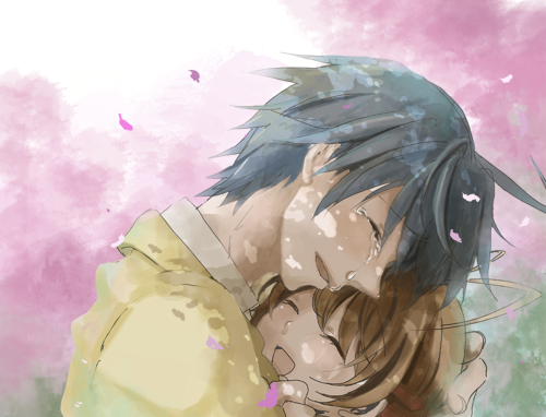 1girl blue_hair brown_hair clannad closed_eyes couple furukawa_nagisa hug husband_and_wife konako lowres okazaki_tomoya school_uniform tears