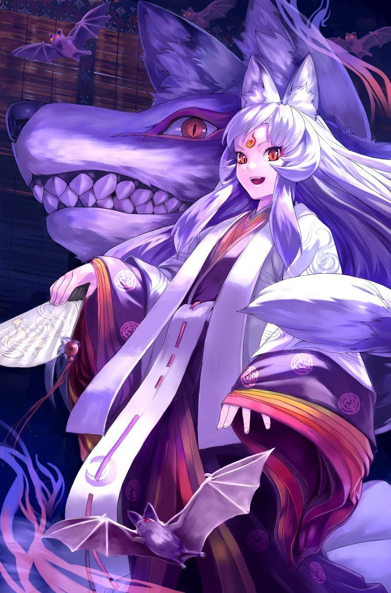 bat bats fan fox_ears highres japanese_clothes kimono kitsune long_hair moe_moe_youkai_jiten_zero red_eyes white_hair won_(toufunokado)