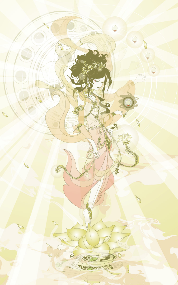 azuma_shou black_hair cloud dress flower goddess highres hinduism indian jewelry lakshmi light long_hair lotus petals