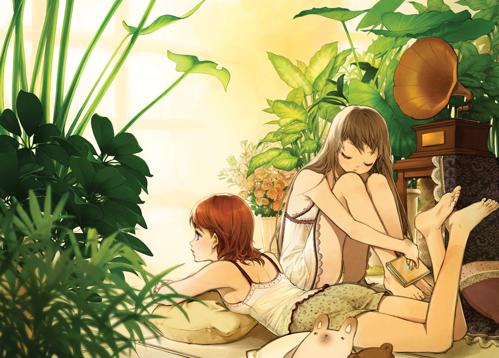 barefoot blue_eyes brown_hair camisole error feet flower lingerie long_hair multiple_girls original phonograph pillow plant salt_(salty) salty short_hair underwear wrong_feet