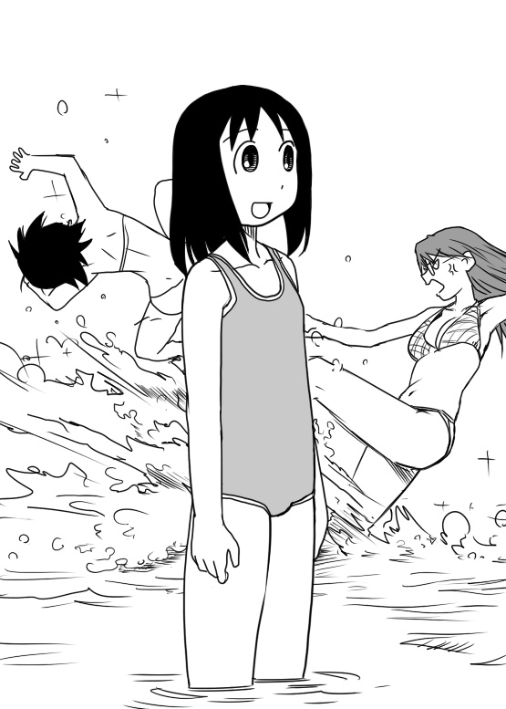 azumanga_daioh azumanga_daiou bikini flat_chest kasuga_ayumu kick kicking mizuhara_koyomi monochrome sakaki_imasato swimsuit takino_tomo water