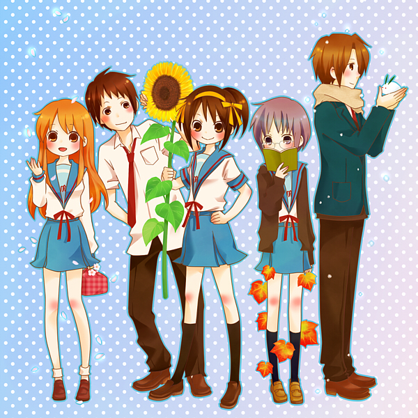 book cardigan cherry_blossoms flower glasses koizumi_itsuki kyon leaf leaves moffunnyo nagato_yuki obento obentou petals scarf school_uniform snow_bunny sunflower suzumiya_haruhi suzumiya_haruhi_no_yuuutsu