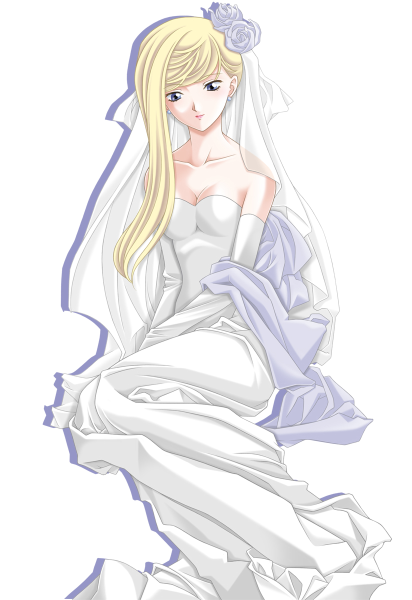 blonde_hair blue_eyes breasts bride cleavage dress flower highres long_hair metroid nintendo samus_aran tamamon wedding_dress