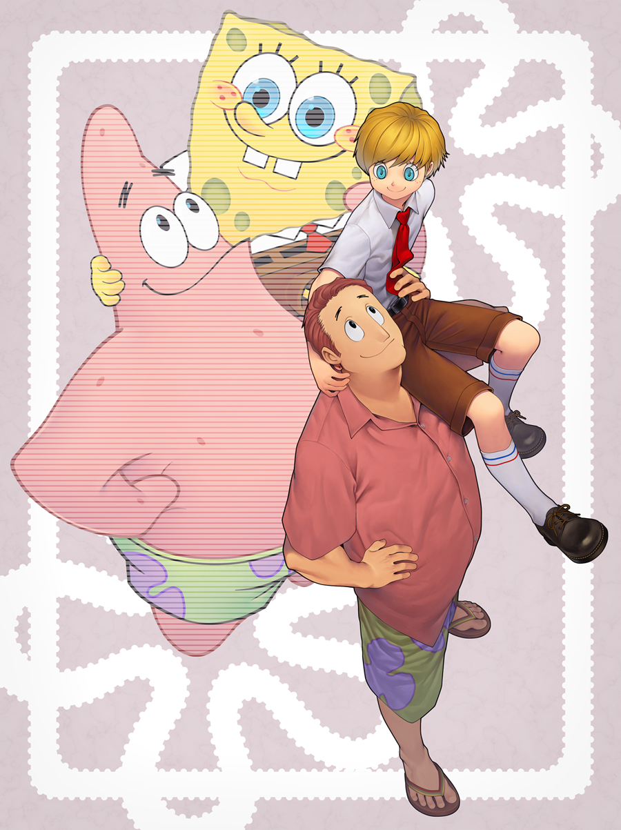 4boys belt blonde_hair blue_eyes blush brown_hair carrying flipflops freckles from_above hands happy highres male manahi multiple_boys necktie nickelodeon patrick patrick_star personification sandals shoes shorts shoulder_carry sitting_on_shoulder smile socks sponge spongebob spongebob_squarepants spongebob_squarepants_(character) teeth