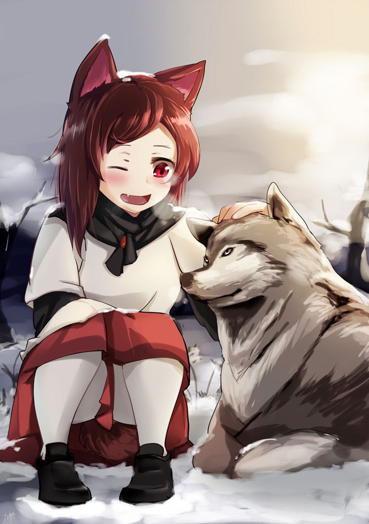 1girl animal_ears brown_eyes brown_hair cofepig imaizumi_kagerou open_mouth petting rough skirt smile solo squatting tail touhou wink wolf wolf_ears wolf_tail