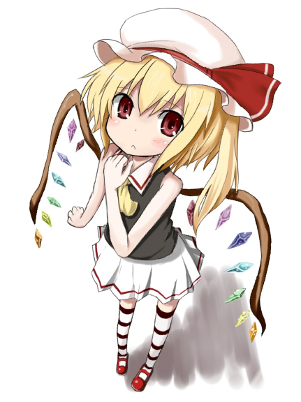 alternate_color bad_id blonde_hair blush child flandre_scarlet hat mary_janes mixer_(pixiv) red_eyes shoes side_ponytail solo striped striped_legwear striped_thighhighs thigh-highs thighhighs touhou wings zettai_ryouiki