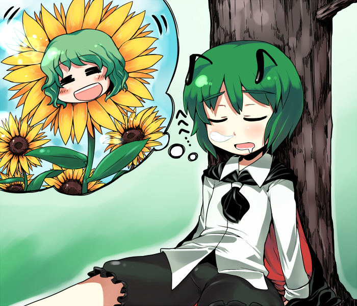 antenna antennae cape closed_eyes dreaming drooling flower green_hair hitsuji_bako kazami_yuuka nose_bubble saliva short_hair sleeping spoken_face spoken_flower sunflower thought_bubble touhou wriggle_nightbug