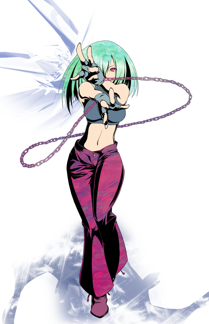 chain chains fingerless_gloves gloves green_hair hands midriff navel original pochadon red_eyes short_hair tank_top