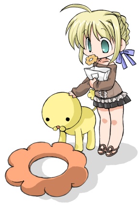 bag blonde_hair bow chibi fate/stay_night fate_(series) food green_eyes hair_ribbon lion lowres mister_donut moe_lion pon_de_lion ribbon saber