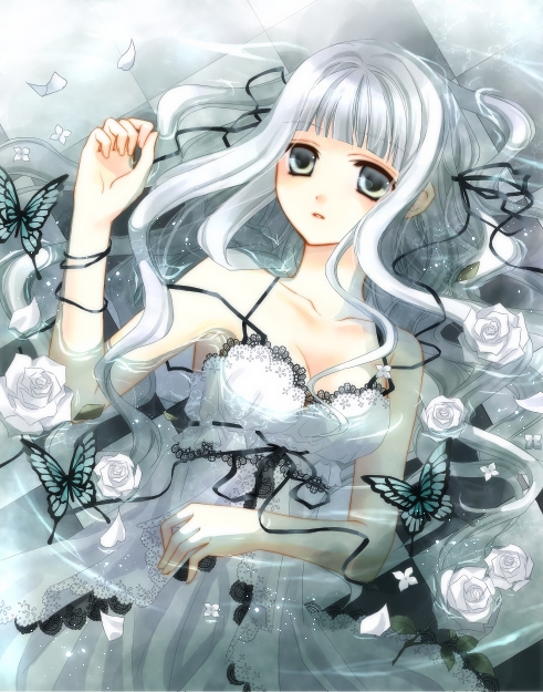 bare_shoulders black_eyes breasts butterfly cleavage dress flower frills glow glowing hair_ribbon long_hair petals ran_(artist) ribbon rose silver_hair solo submerged wet