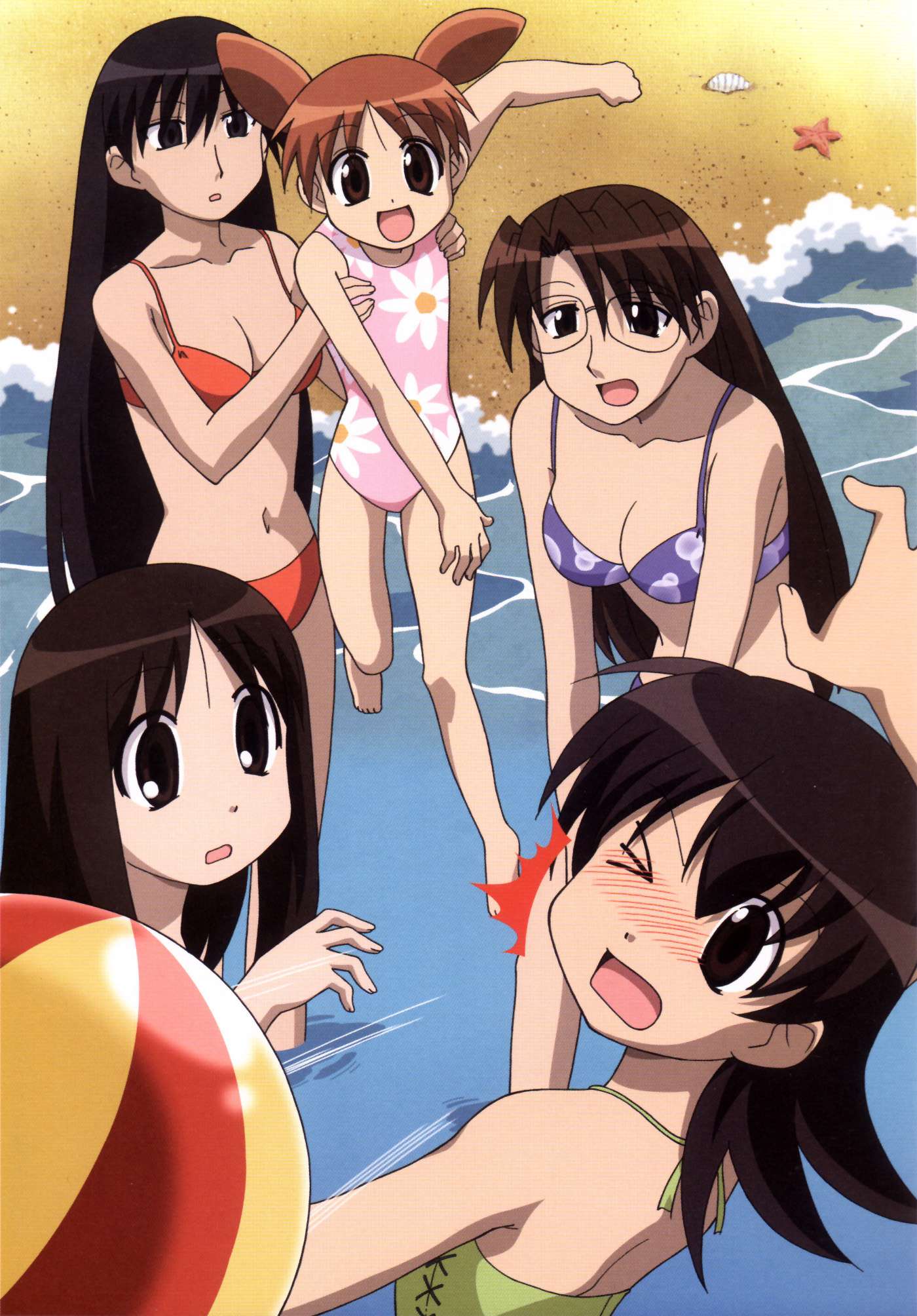 azumanga_daioh ball beach beachball bikini black_hair brown_eyes brown_hair glasses highres kasuga_ayumu long_hair mihama_chiyo mizuhara_koyomi ocean official_art orange_hair sakaki scan short_twintails swimsuit takino_tomo twintails