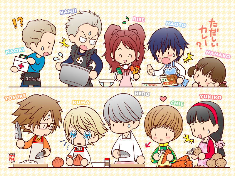 apron black_hair chibi cooking doujima_nanako everyone grey_hair hanamura_yousuke kirano_yuka kiranoyuka konishi_naoki kujikawa_rise kuma_(persona_4) long_hair narukami_yuu persona persona_4 ponytail satonaka_chie seta_souji shirogane_naoto short_hair tatsumi_kanji twintails